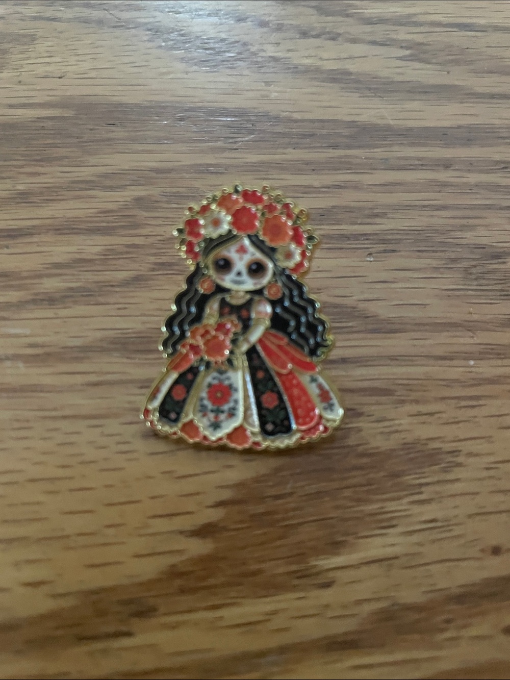 Day of the Dead Floral Girl Enamel Pin - Red & Black